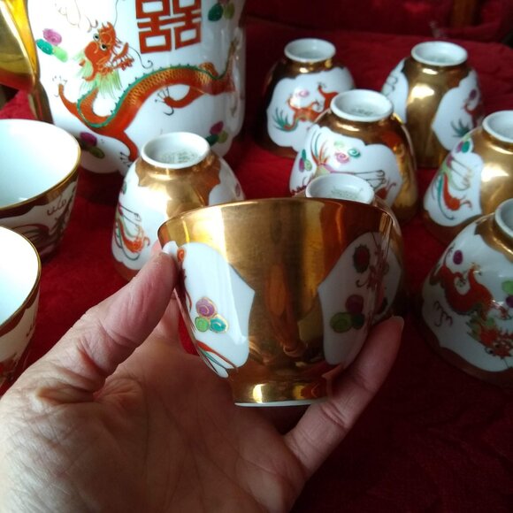 Vintage Chinese porcelain 6 x tea cups bowls set dragon phoenix double happiness - Picture 6 of 11